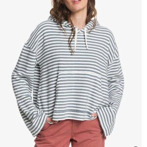 Roxy get casual oversize cropped hoodie textured cotton greenish grey stripe M
